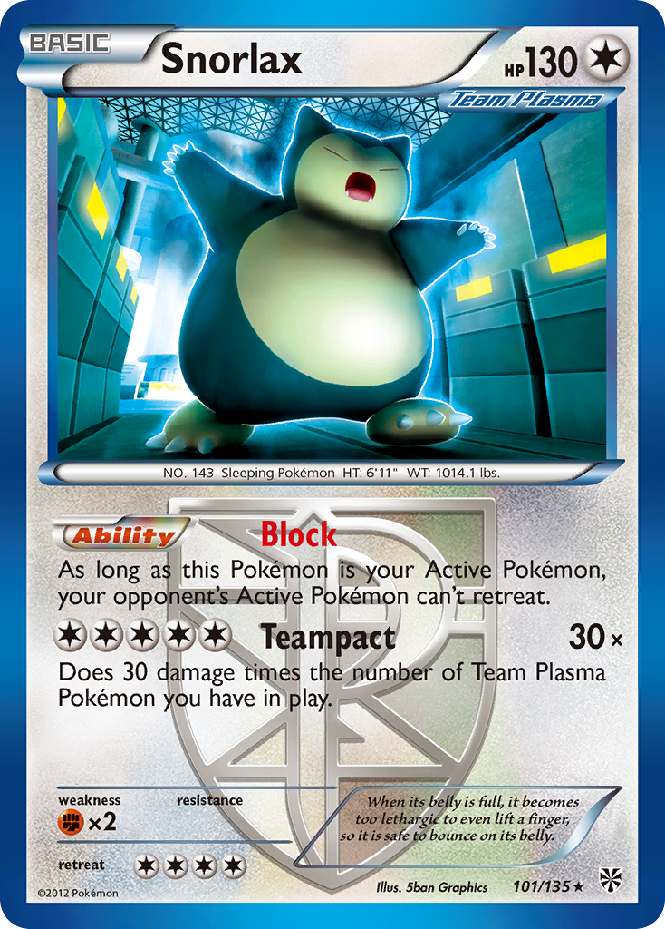 Snorlax 101/135 Rare Plasma Storm Pokemon Reverse Holo TCG Card