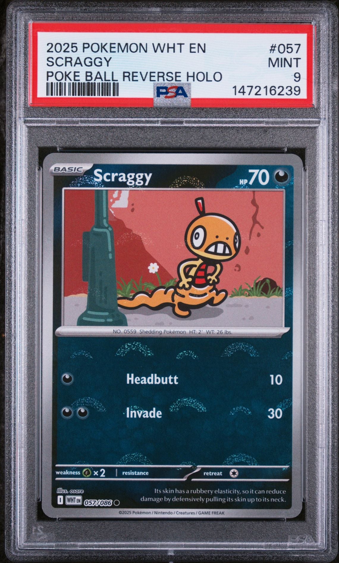 PSA 9 2025 POKEMON WHT EN-WHITE FLARE 057 SCRAGGY POKE BALL REVERSE HOLO Graded Pokémon TCG Card