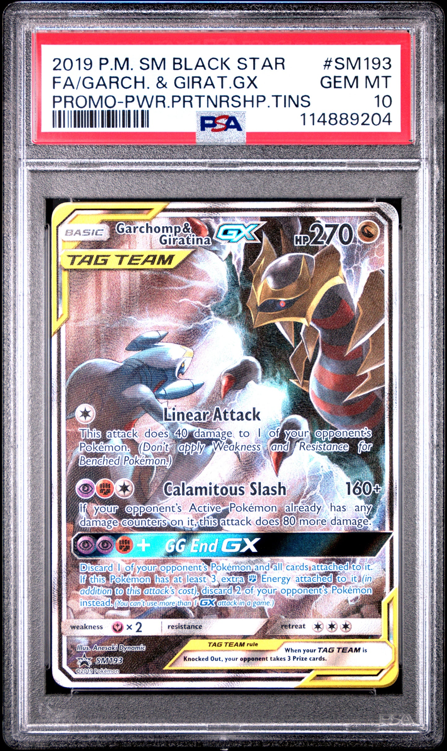 PSA 10 GARCHOMP & GIRATINA TAG TEAM GX PROMO SM BLACK STAR PROMO #SM193 FA/ - POWER PARTNERSHIP TINS 2019 POKEMON TCG
