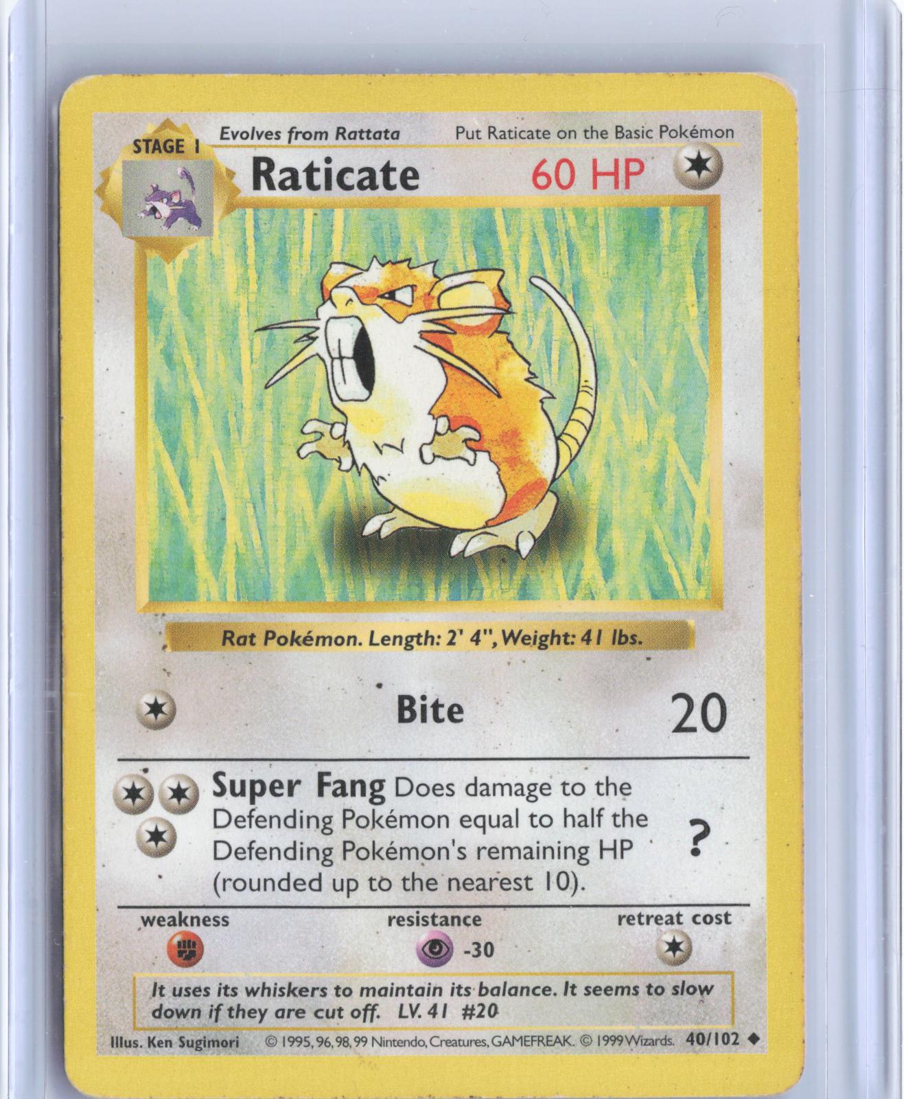 Raticate 40/102 Uncommon Base Set Shadowless Pokemon Unlimited TCG Card
