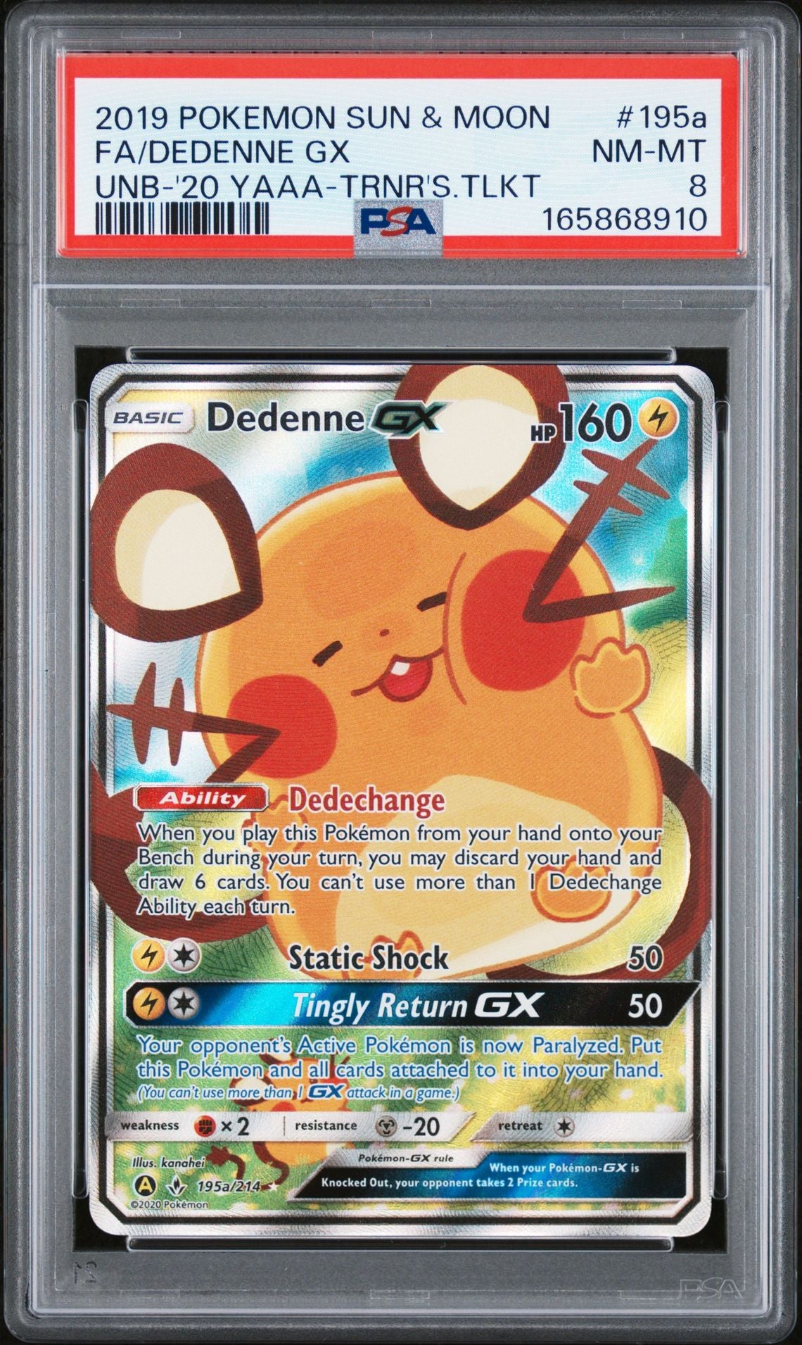 PSA 8 2019 POKEMON SUN & MOON UNBROKEN BONDS 195a FULL ART/DEDENNE GX 2020 YELLOW A ALTERNATE ART TRAINER'S TOOLKIT Graded Pokémon TCG Card
