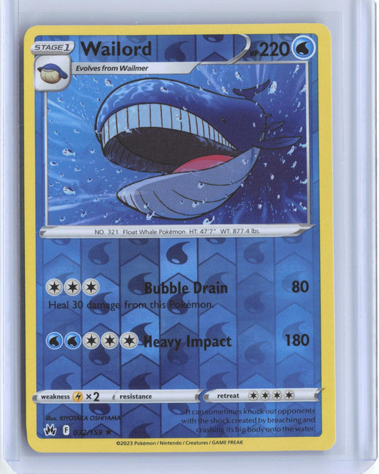 Wailord 032/159 Rare Crown Zenith Pokemon Reverse Holo TCG Card