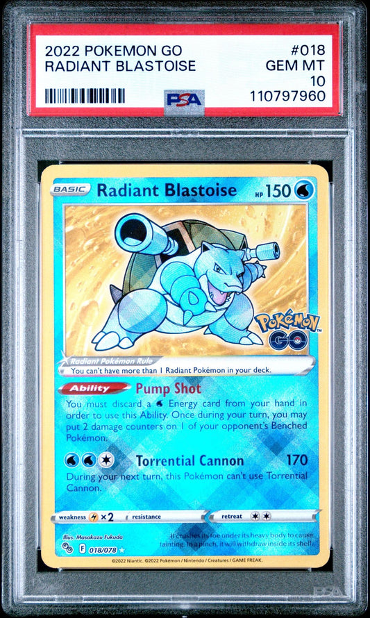 PSA 10 Radiant Blastoise 018/078 - Pokemon GO (PGO) POKÉMON TCG
