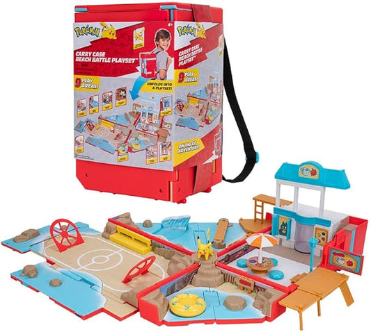 Pokemon Carry Case Beach Battle Playset - Portable Transforming Backpack Playset with Action Features and 2-inch Pikachu Battle Figure