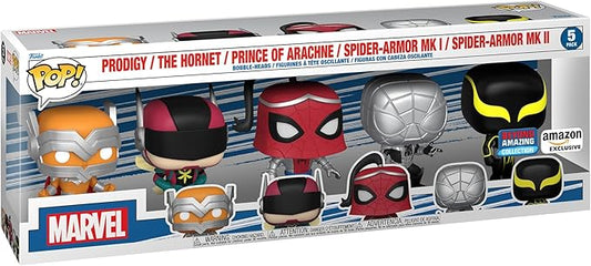 Funko Pop! Marvel: Spider-Man: Beyond Amazing 5 Pack, Amazon Exclusive Prodigy The Hornet Prince of Arachne Spider Armor MK 1 Spider Armor MK 2