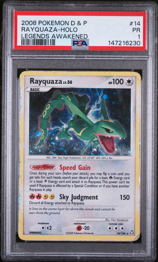 PSA 1 2008 POKEMON DIAMOND & PEARL LEGENDS AWAKENED 14 RAYQUAZA-HOLO Graded Pokémon TCG Card