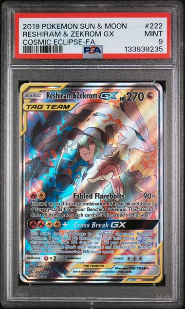 PSA 9 Reshiram & Zekrom GX 222/236 (Full Art) - SM - Cosmic Eclipse (SM12) Graded Pokémon TCG