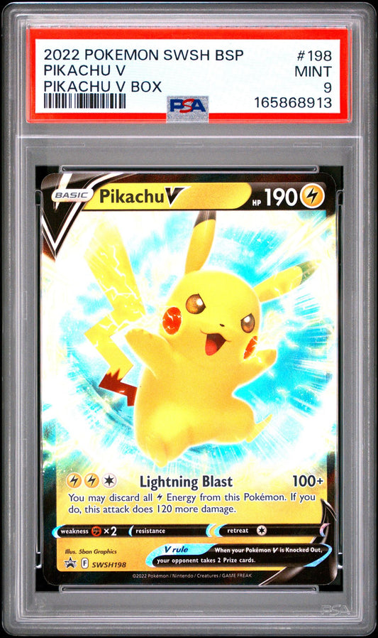 PSA 9 2022 POKEMON SWSH BLACK STAR PROMO 198 PIKACHU V PIKACHU V BOX Graded Pokémon TCG Card