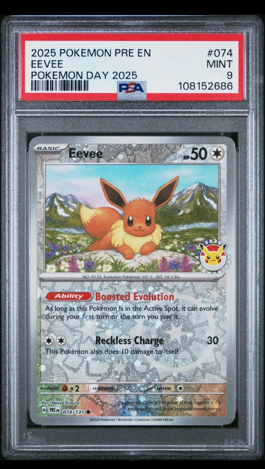 PSA 9 EEVEE #074 2025 POKEMON PRE EN-PRISMATIC EVOLUTIONS POKEMON DAY 2025