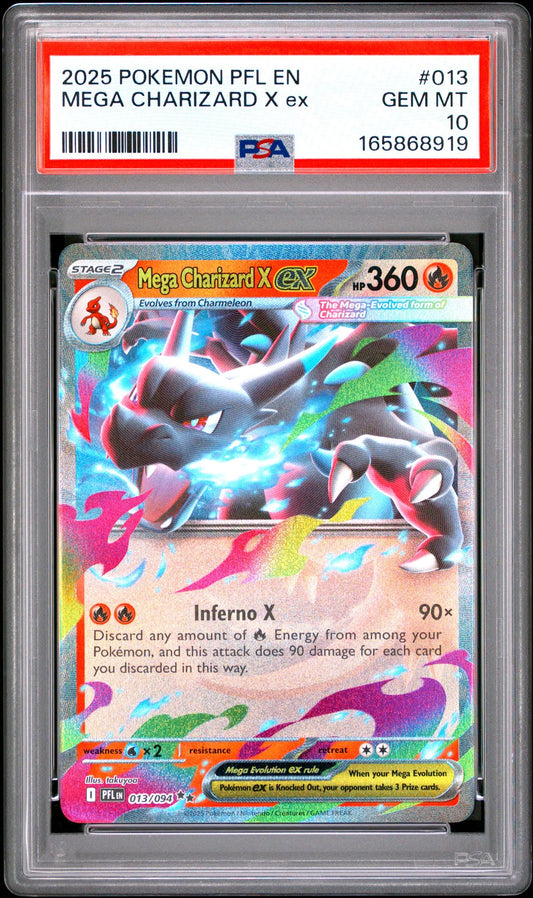 PSA 10 2025 POKEMON PFL EN-PHANTASMAL FLAMES 013 MEGA CHARIZARD X EX Graded Pokémon TCG Card