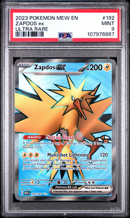 PSA 9 MINT POKEMON SCARLET & VIOLET 151 ZAPDOS EX ULTRA RARE 192/165 FULL ART