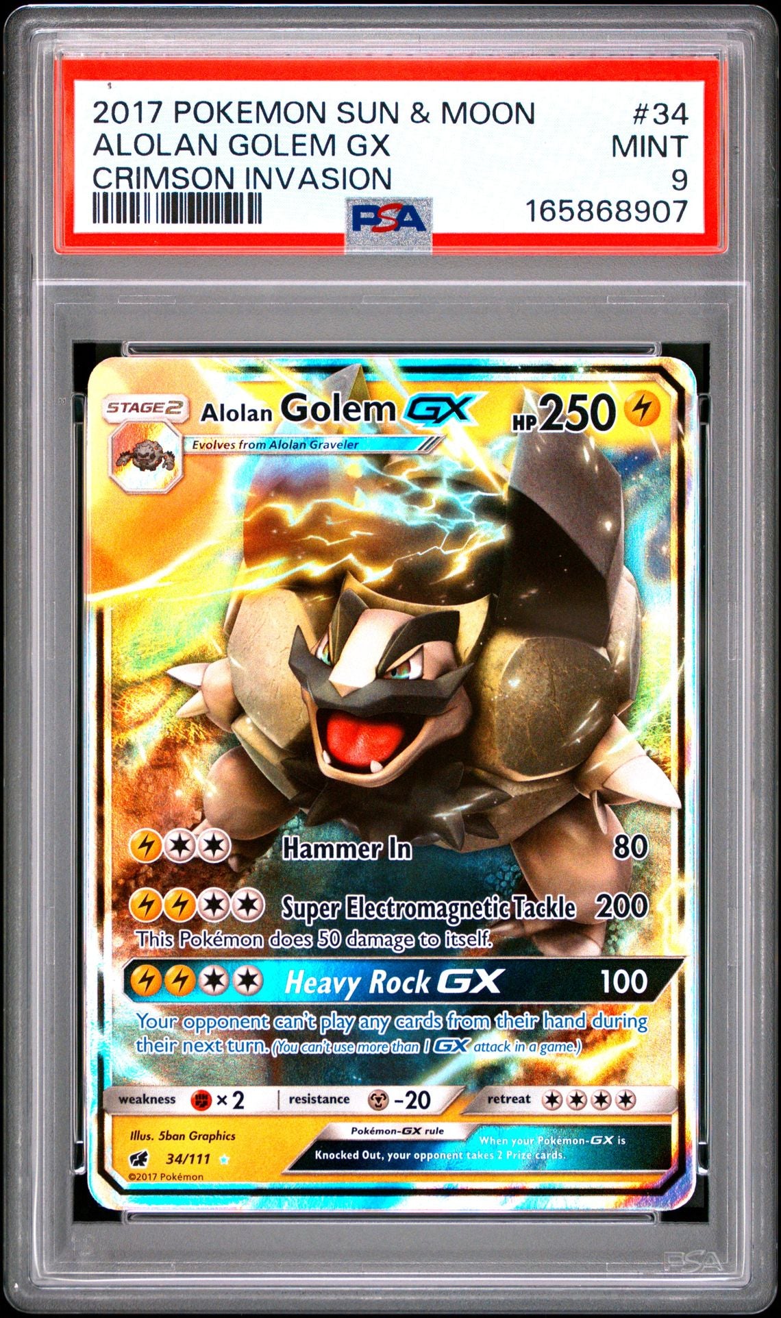 PSA 9 2017 POKEMON SUN & MOON CRIMSON INVASION 34 ALOLAN GOLEM GX Graded Pokémon TCG Card