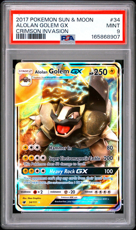 PSA 9 2017 POKEMON SUN & MOON CRIMSON INVASION 34 ALOLAN GOLEM GX Graded Pokémon TCG Card