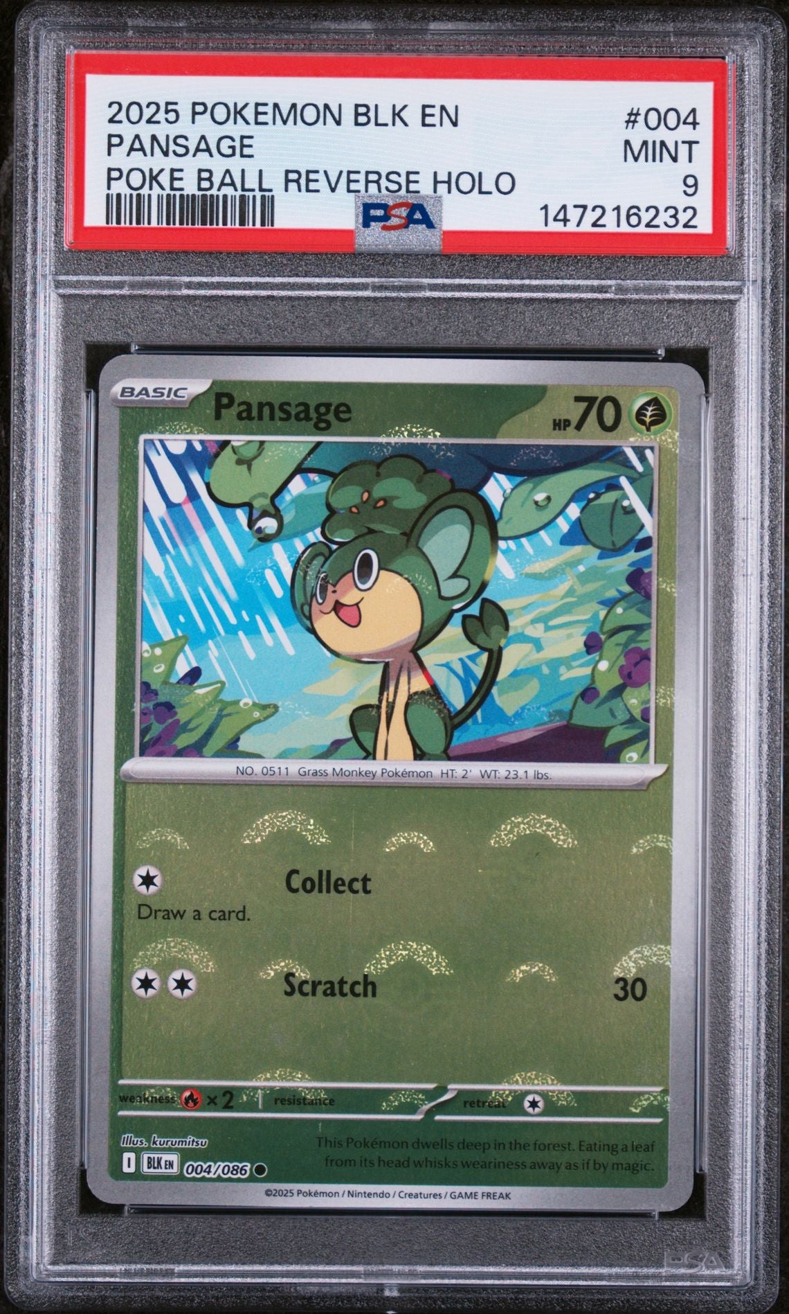 PSA 9 2025 POKEMON BLK EN-BLACK BOLT 004 PANSAGE POKE BALL REVERSE HOLO Graded Pokémon TCG Card
