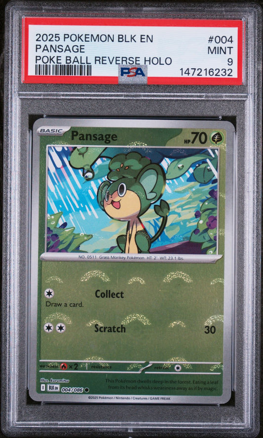 PSA 9 2025 POKEMON BLK EN-BLACK BOLT 004 PANSAGE POKE BALL REVERSE HOLO Graded Pokémon TCG Card