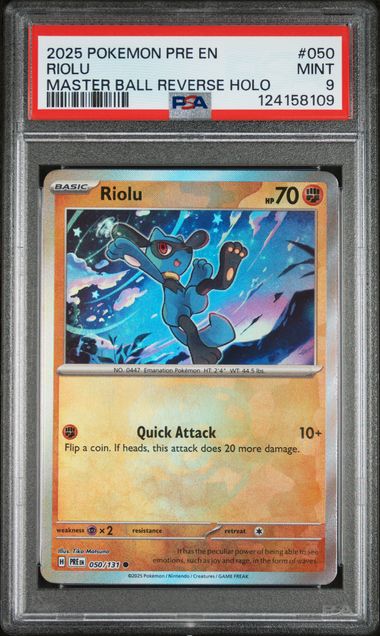 PSA 9  Riolu 050/131 (Master Ball Pattern) - SV: Prismatic Evolutions (PRE) Graded Pokémon TCG