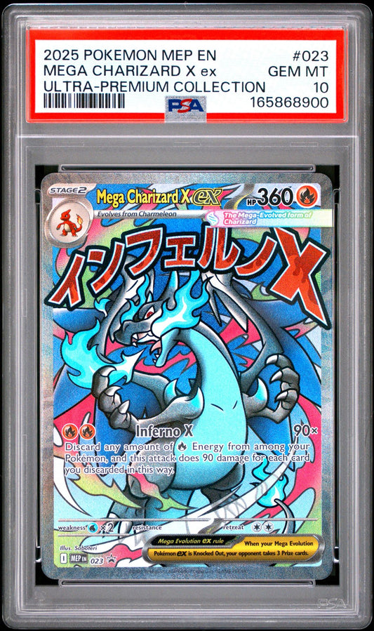 PSA 10 2025 POKEMON MEP EN-ME BLACK STAR PROMO 023 MEGA CHARIZARD X EX MEGA CHARIZARD X ex ULTRA-PREMIUM COLLECTION Graded Pokémon TCG Card