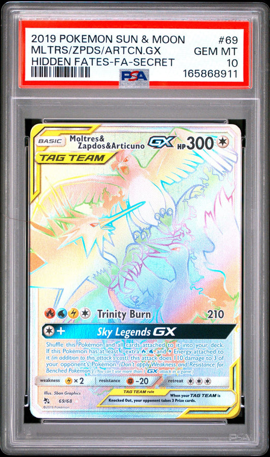 PSA 10 2019 POKEMON SUN & MOON HIDDEN FATES 69 FULL ART/MOLTRES & ZAPDOS & ARTICUNO GX SECRET Graded Pokémon TCG Card