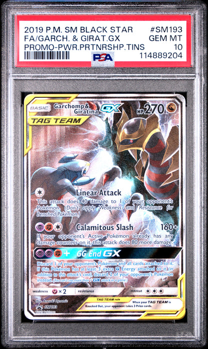 PSA 10 GARCHOMP & GIRATINA TAG TEAM GX PROMO SM BLACK STAR PROMO #SM193 FA/ - POWER PARTNERSHIP TINS 2019 POKEMON TCG