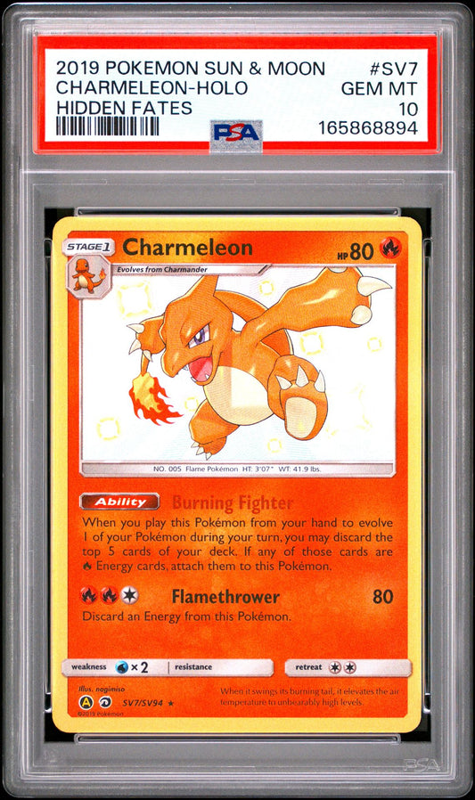 PSA 10 2019 POKEMON SUN & MOON HIDDEN FATES SV7 CHARMELEON-HOLO Graded Pokémon TCG Card