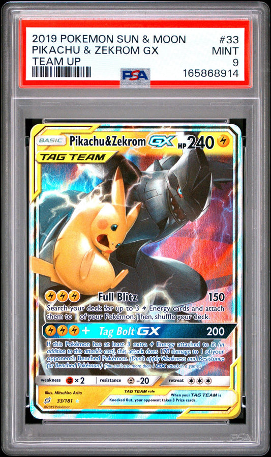 PSA 9 2019 POKEMON SUN & MOON TEAM UP 33 PIKACHU & ZEKROM GX Graded Pokémon TCG Card