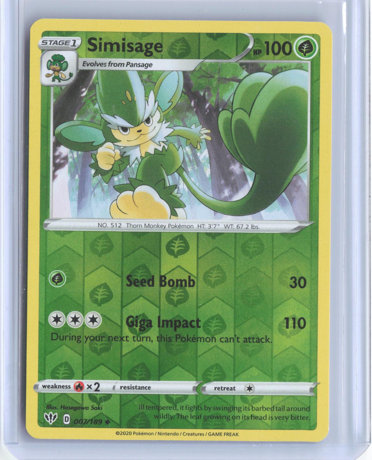 Simisage 007/189 Uncommon Darkness Ablaze Pokemon Reverse Holo TCG Card