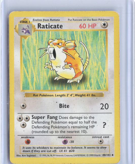 Raticate 40/102 Uncommon Base Set Shadowless Pokemon Unlimited TCG Card