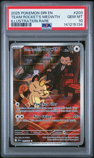 PSA 10 2025 POKEMON DRI EN-DESTINED RIVALS #203 TEAM ROCKET'S MEOWTH ILLUSTRATION RARE Graded Pokémon TCG Card