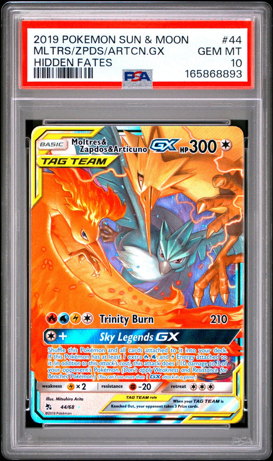 PSA 10 2019 POKEMON SUN & MOON HIDDEN FATES 44 MOLTRES & ZAPDOS & ARTICUNO GX Graded Pokémon TCG Card