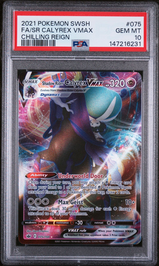 PSA 10 2021 POKEMON SWORD & SHIELD CHILLING REIGN 075 FULL ART/SHADOW RIDER CALYREX VMAX Graded Pokémon TCG Card