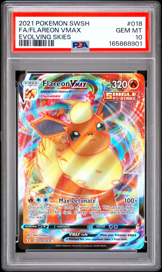 PSA 10 2021 POKEMON SWORD & SHIELD EVOLVING SKIES 018 FULL ART/FLAREON VMAX Graded Pokémon TCG Card
