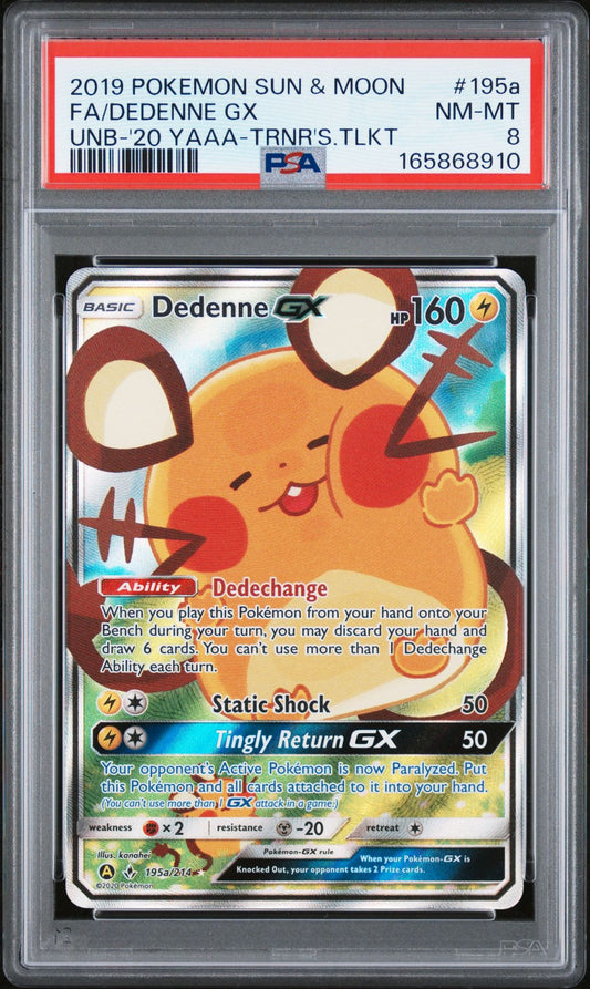 PSA 8 2019 POKEMON SUN & MOON UNBROKEN BONDS 195a FULL ART/DEDENNE GX 2020 YELLOW A ALTERNATE ART TRAINER'S TOOLKIT Graded Pokémon TCG Card