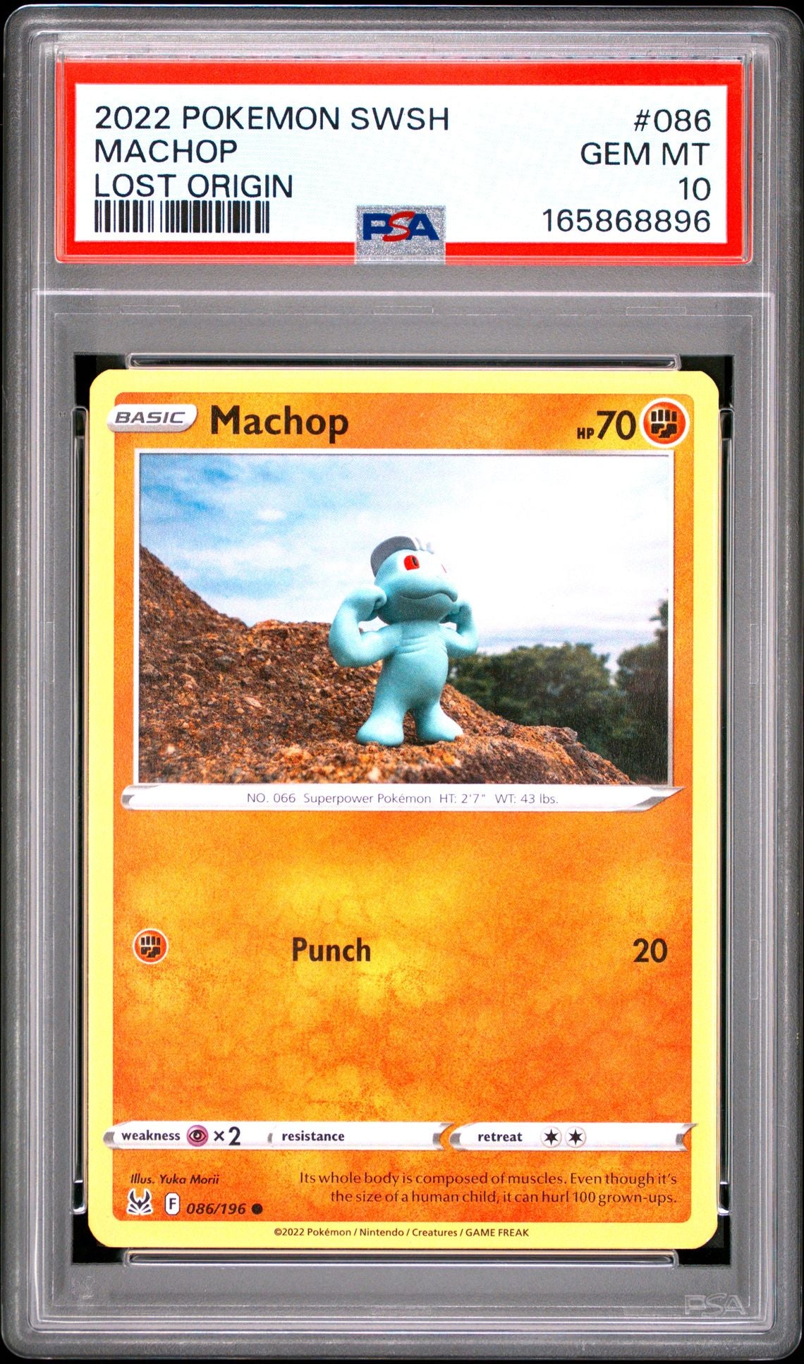 PSA 10 (POP 1 as of 7/15/2026) Yuka Morii 2022 POKEMON SWORD & SHIELD LOST ORIGIN 086 MACHOP Graded Pokémon TCG Card