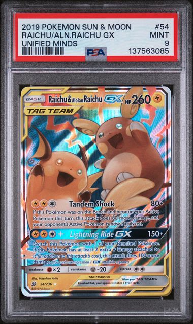 PSA 9 Raichu & Alolan Raichu GX - SM - Unified Minds (SM11) Graded Pokémon TCG