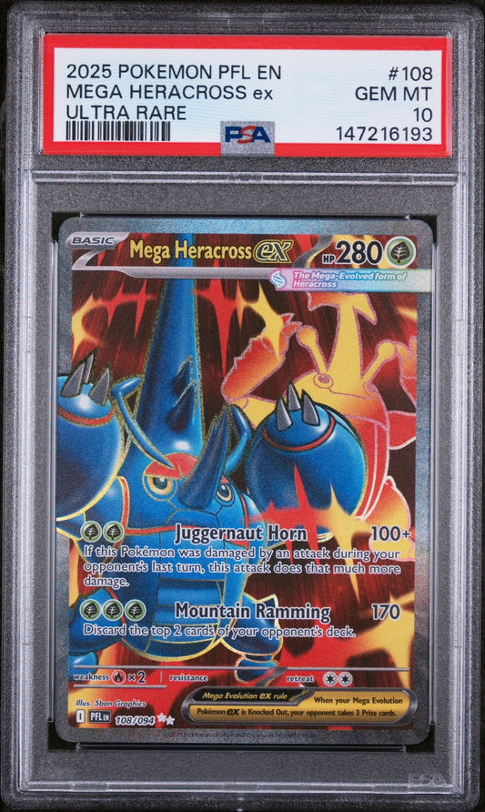 PSA 10 2025 POKEMON PFL EN-PHANTASMAL FLAMES 108 MEGA HERACROSS EX ULTRA RARE Graded Pokémon TCG Card